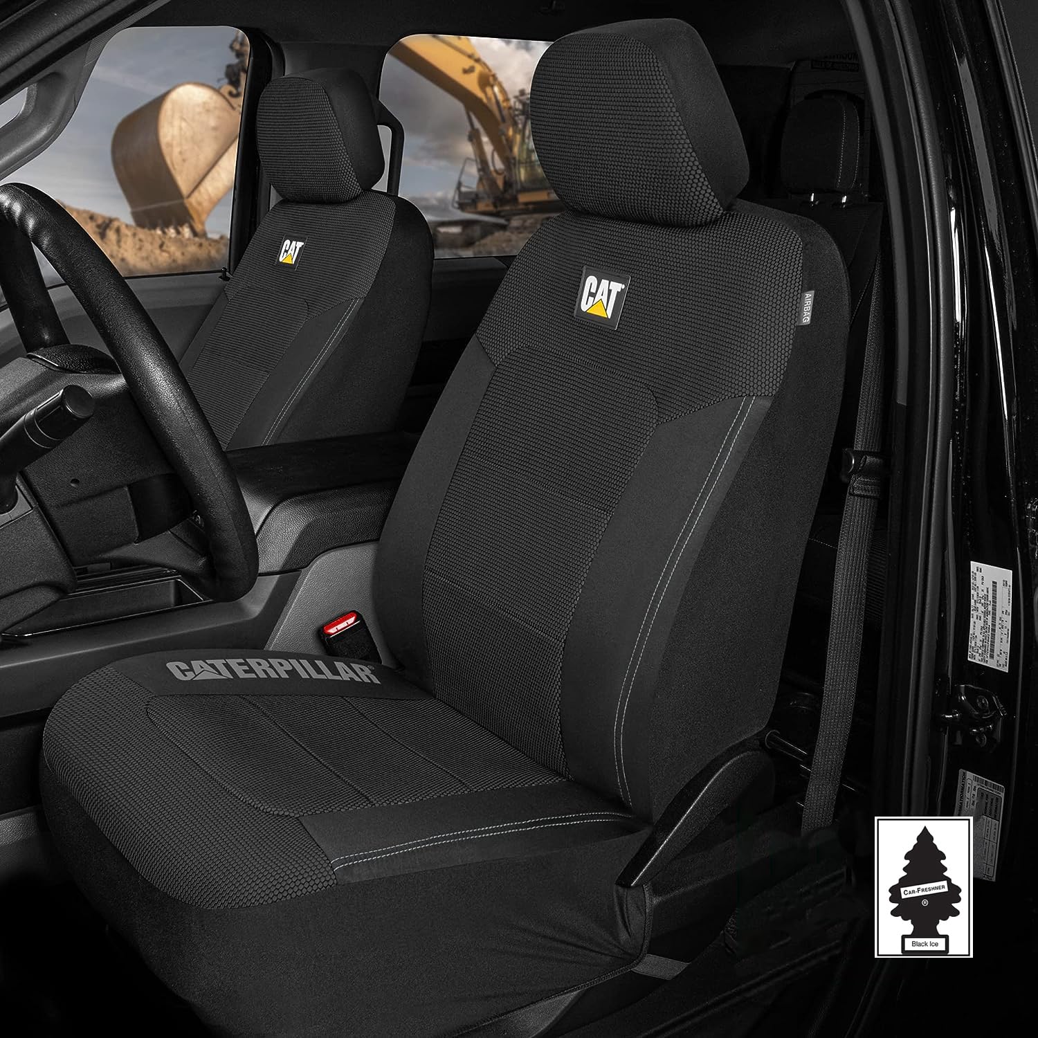 Caterpillar Car Truck Seat Covers for Front Seats Set - Black Automotive Seat Covers Bundle with Air Freshener - Yupbizauto