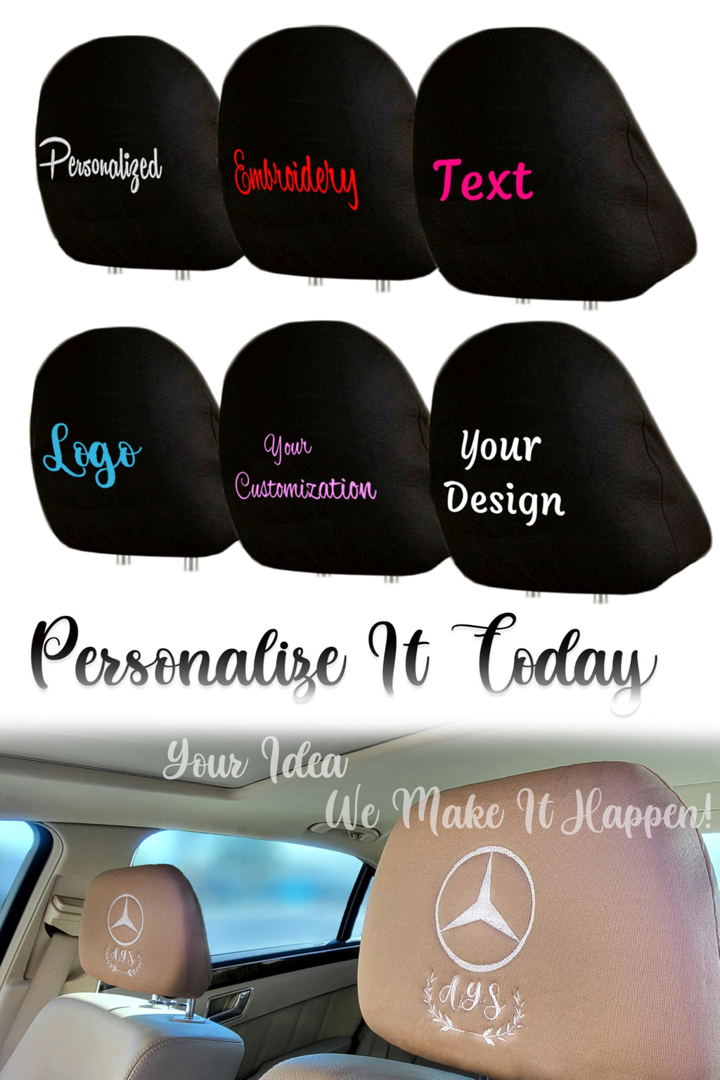 Personalized Embroidered Headrest Covers, 5-Piece Set