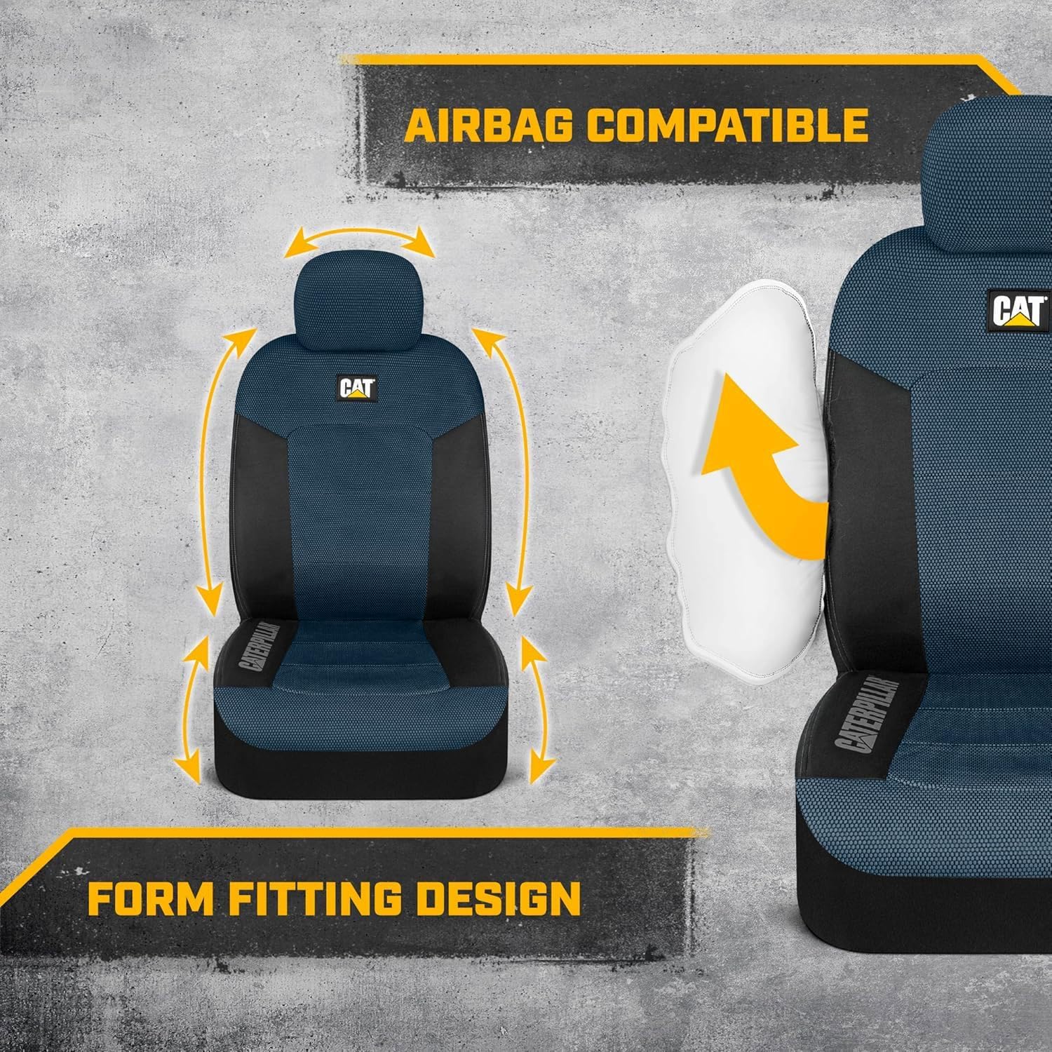 Caterpillar Car Truck Seat Covers for Front Seats Set - Black and Blue Automotive Seat Covers Bundle with Air Freshener - Yupbizauto