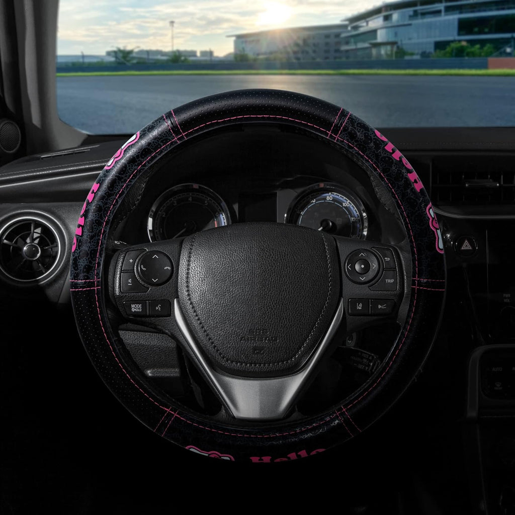Hello Kitty Collage Hot Pink Sanrio Front & Rear Car Truck SUV Seat Rubber Floor Mats and Steering Wheel Cover Set - 5PC