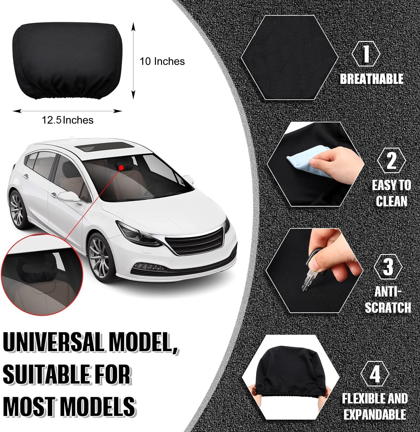 Black Fabric Car Headrest Covers with Embroidery Bat Design Universal Fit Seat Headrest Protectors 1 Pair Stylish, Durable Car Accessories for Interior Upgrade - Yupbizauto