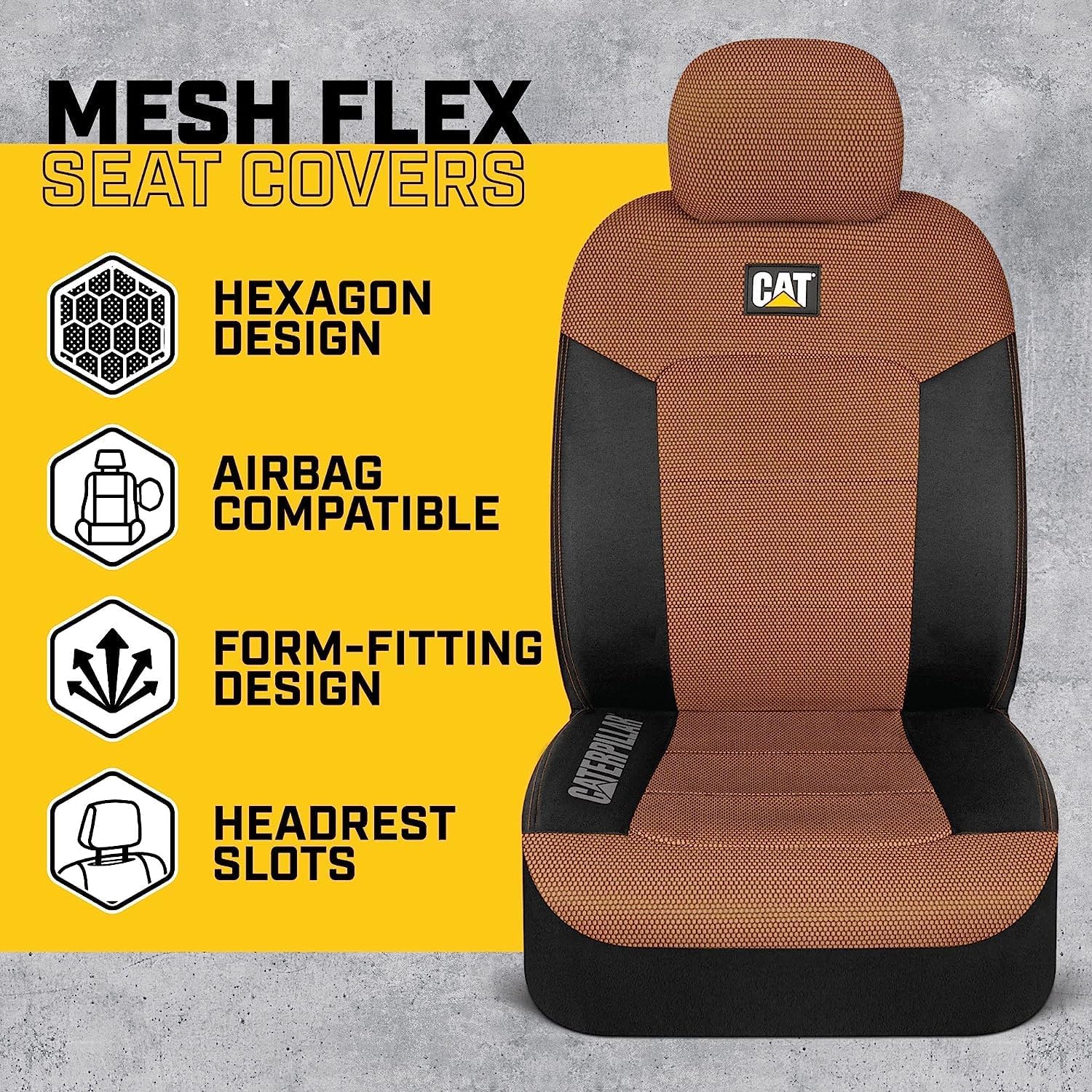 Caterpillar Car Truck Seat Covers for Front Seats Set - Black and Beige Automotive Seat Covers Bundle with Air Freshener - Yupbizauto