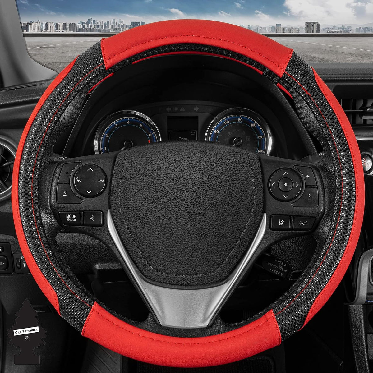 Yupbizauto Faux Leather Steering Wheel Cover with Air Freshener Set