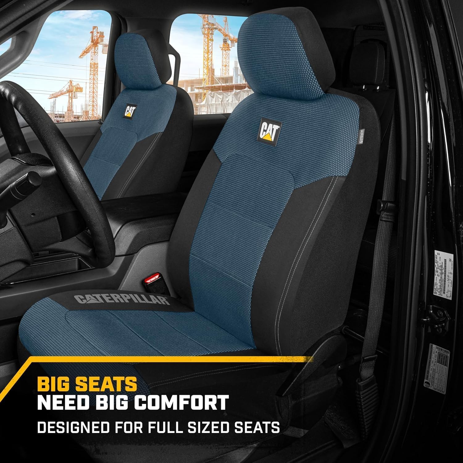 Caterpillar Car Truck Seat Covers for Front Seats Set - Black and Blue Automotive Seat Covers Bundle with Air Freshener - Yupbizauto