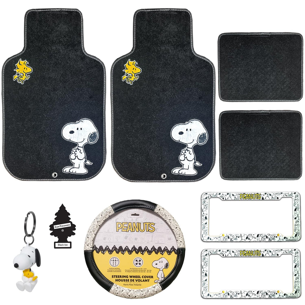 Peanuts Snoopy Expression 9-Piece Set with Floor Mats, Steering Wheel Cover and License Plate Frames