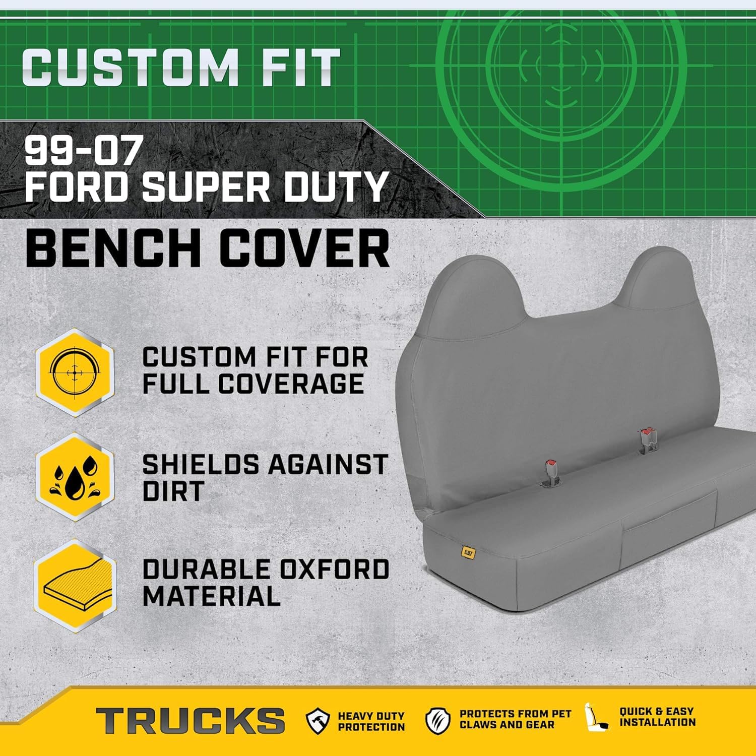 Caterpillar Custom Fit Front Bench Seat Cover with Utility Pockets for Ford F250 / F350 / F450 / F550 (1999-2007) - Durable Grey Oxford Super Duty Interior Truck Seat Cover Bundle - Yupbizauto