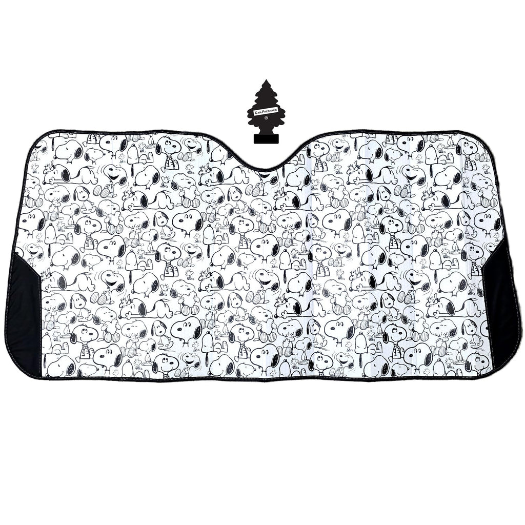 Snoopy Expression Windshield Sunshade + Little Tree Air Freshener Bundle– Universal Fit Windshield Protector for Cars, Trucks & SUVs – Keeps Vehicle Cool & Fresh - Yupbizauto