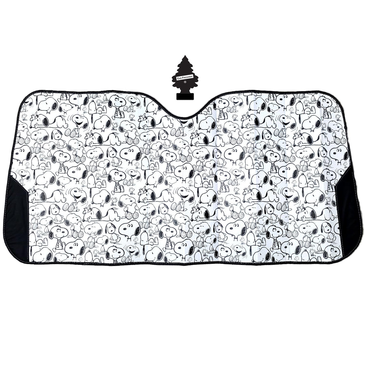 Snoopy Expression Windshield Sunshade + Little Tree Air Freshener Bundle– Universal Fit Windshield Protector for Cars, Trucks & SUVs – Keeps Vehicle Cool & Fresh - Yupbizauto