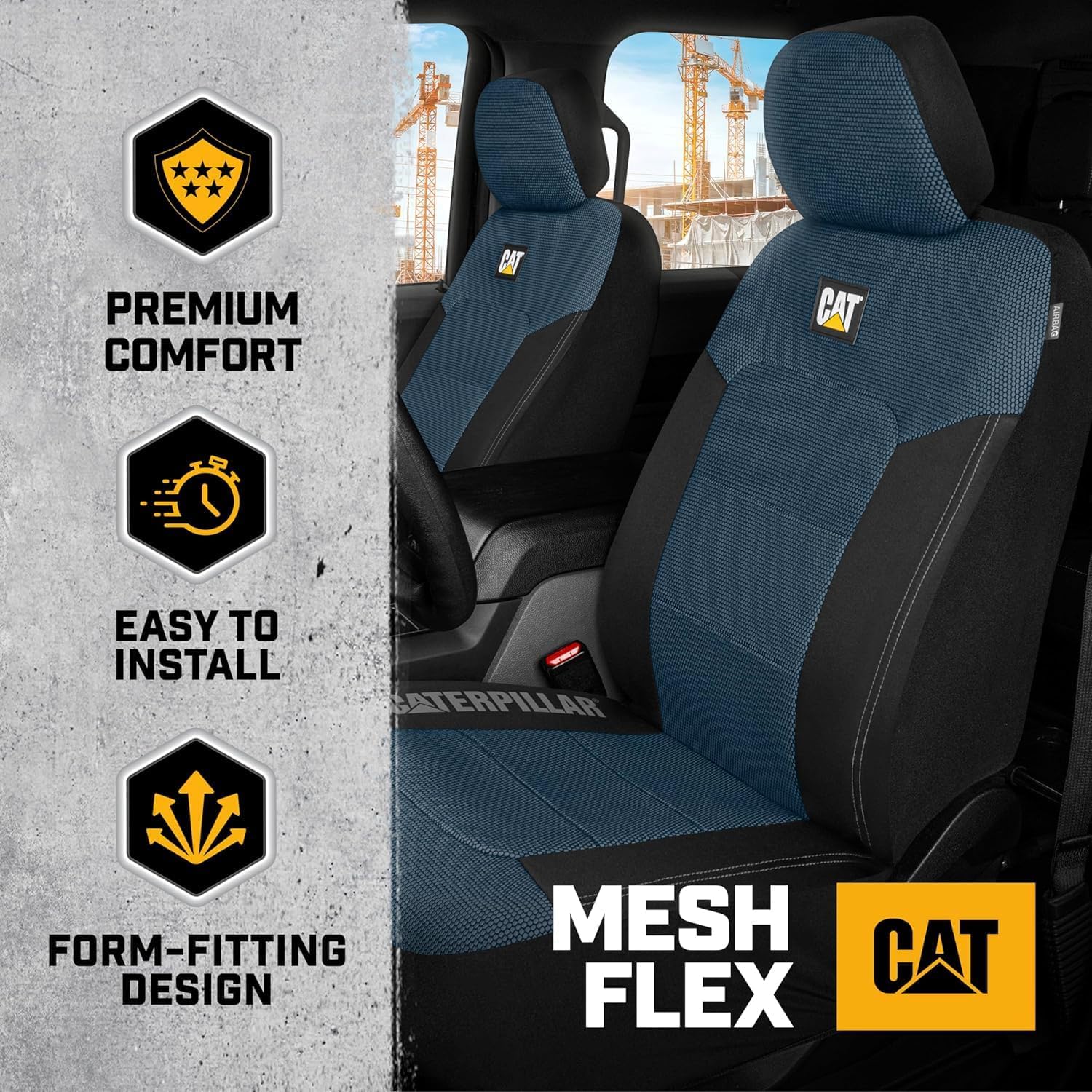 Caterpillar Car Truck Seat Covers for Front Seats Set - Black and Blue Automotive Seat Covers Bundle with Air Freshener - Yupbizauto
