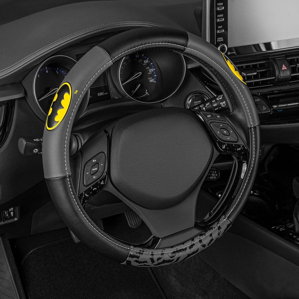 DC Comics Batman Logo Premium Car Accessories Seat Covers with Shoulder Pads and Steering Wheel Cover| Bat Headrest Covers | Air Freshener, Bundle Set
