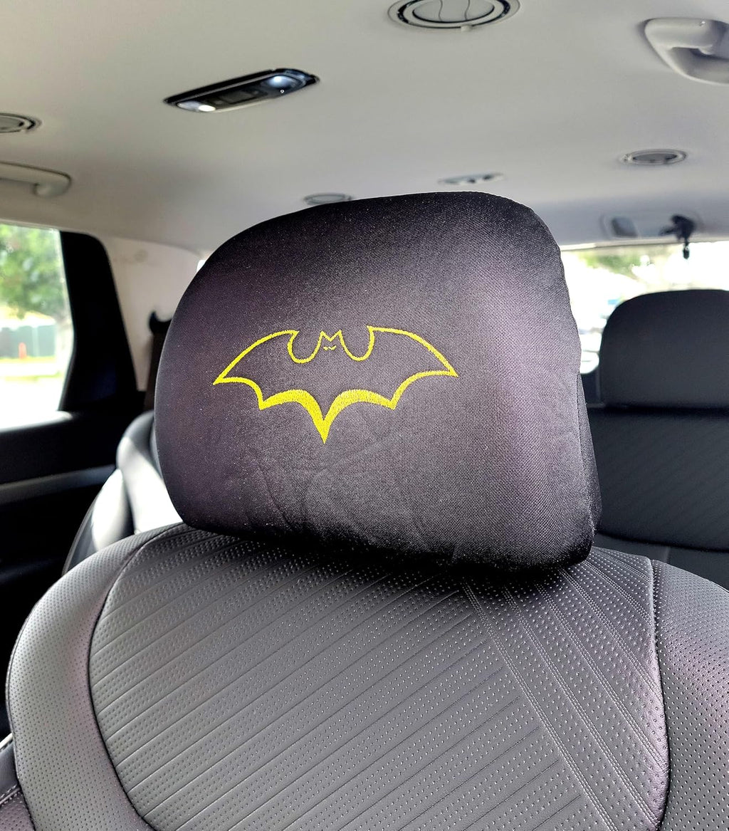 Black Fabric Car Headrest Covers with Embroidery Bat Design Universal Fit Seat Headrest Protectors 1 Pair Stylish, Durable Car Accessories for Interior Upgrade