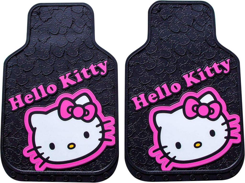 Hello Kitty Collage Hot Pink Sanrio Front & Rear Car Truck SUV Seat Rubber Floor Mats and Steering Wheel Cover Set - 5PC