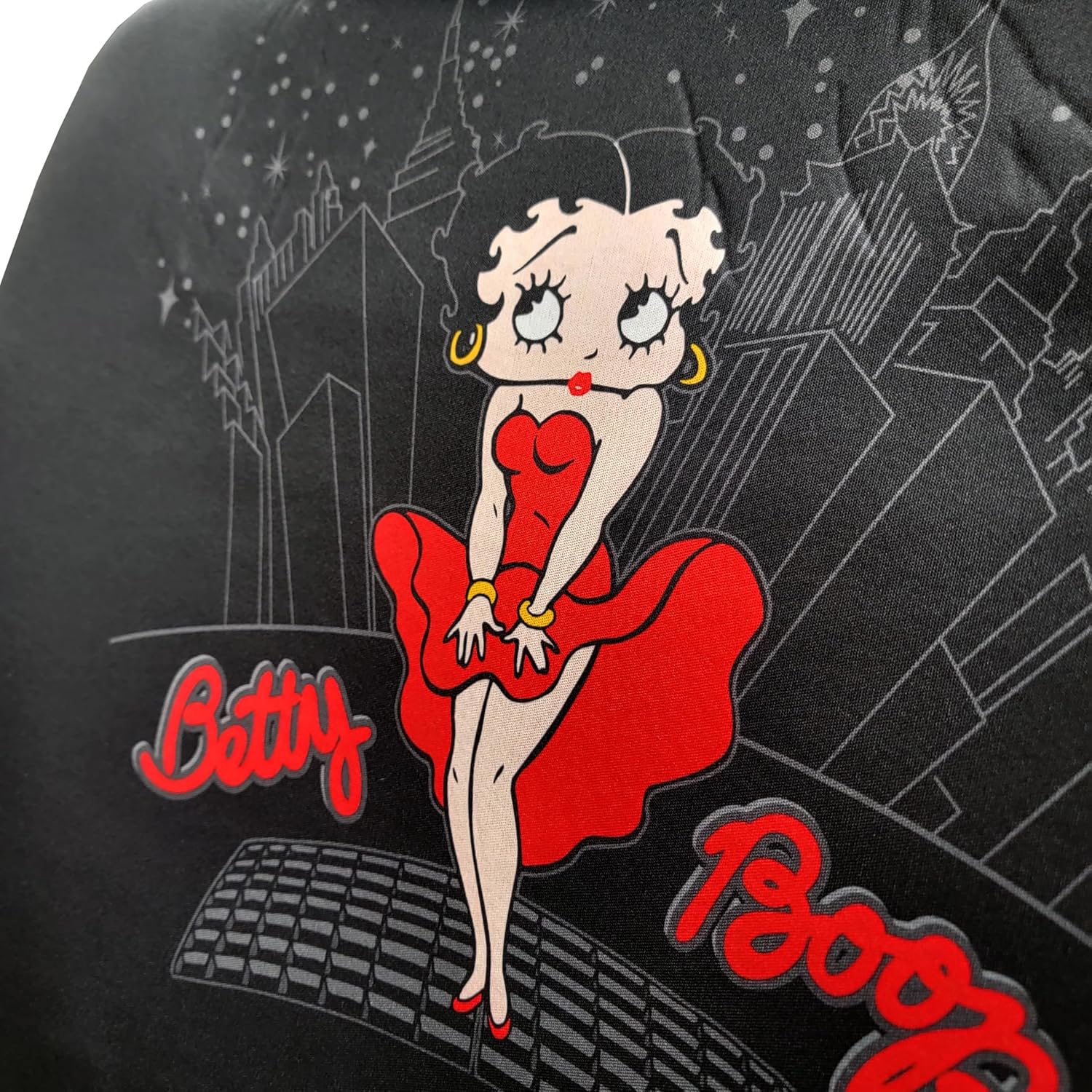 Plasticolor Betty Boop Skyline Front Low Back Car Seat Covers Bundle | Embroidered Kiss Headrest Covers | Stylish Protection for Cars | Universal Fit for Most Vehicles | Easy Installation