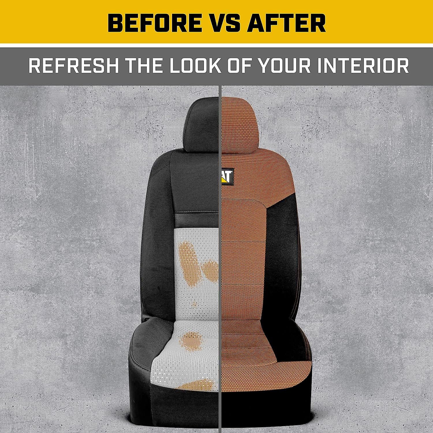 Caterpillar Car Truck Seat Covers for Front Seats Set - Black and Beige Automotive Seat Covers Bundle with Air Freshener - Yupbizauto