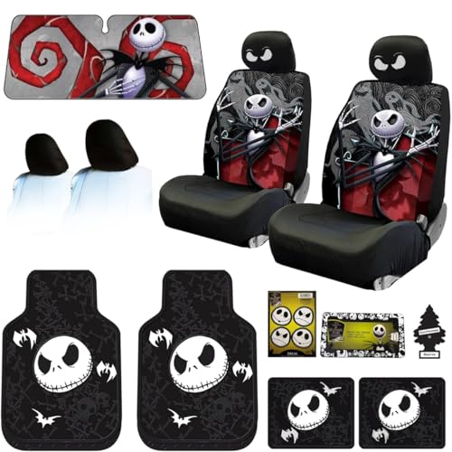 Yupbizauto New Plasticolor Nightmare Before Christmas Jack Skellington Ghostly Car Truck SUV Seat Covers Sunshade Headrest Covers Heavy Duty Rubber Floor Mats Bundle Set - Yupbizauto