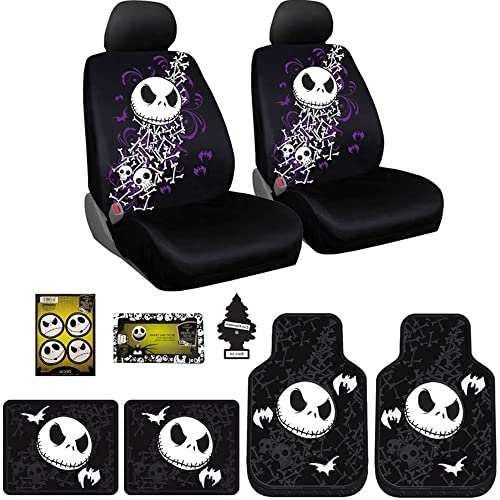 Yupbizauto 9 Pieces Nightmare Before Christmas Jack Skellington Car Truck SUV Seat Covers Rubber Front and Rear Floor Mat Set with Little Tree Air Freshener Bundle Set - Yupbizauto