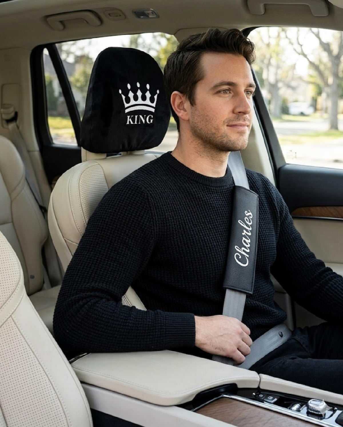 King Crown Headrest Cover & Personalized Seat Belt Pad Set