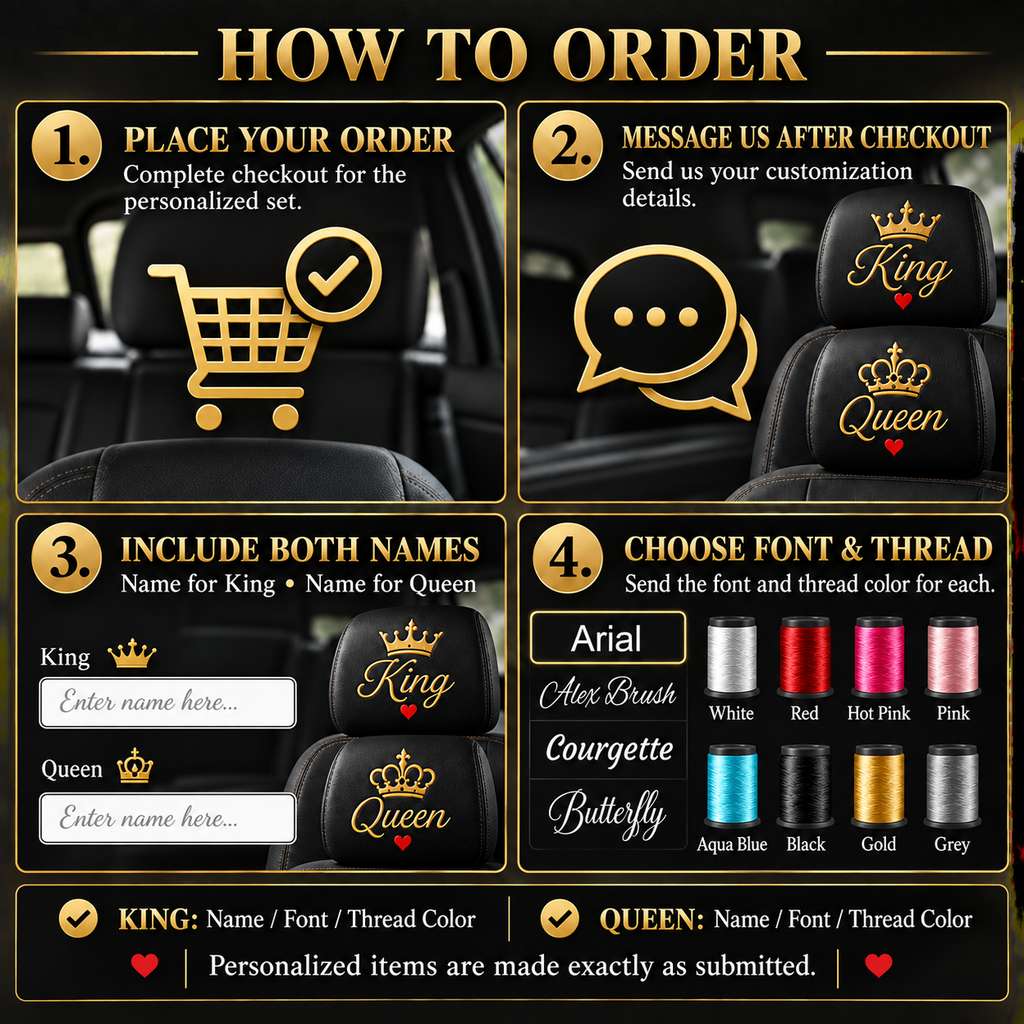 Personalized King & Queen Car Headrest Covers – 2 Pack
