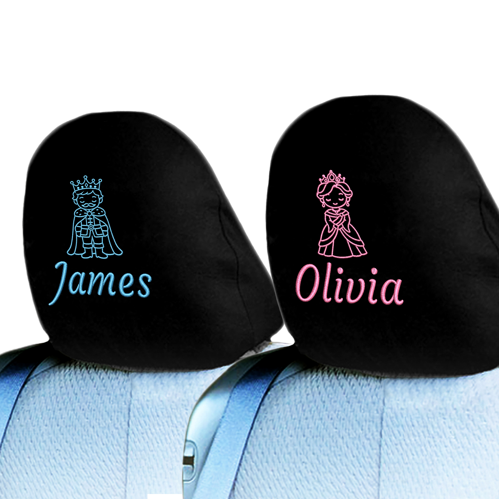 Personalized King & Queen Car Headrest Covers – 2 Pack