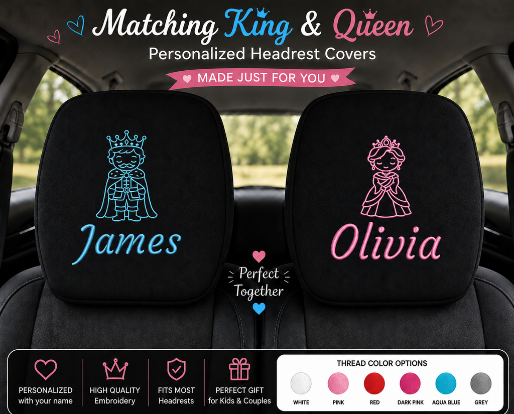 Personalized King & Queen Car Headrest Covers – 2 Pack