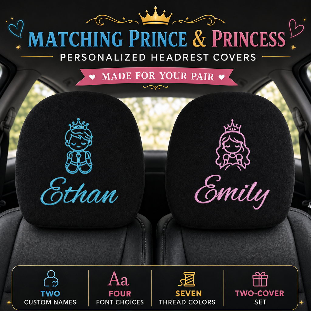 Personalized Prince & Princess Headrest Covers – 2 Pack