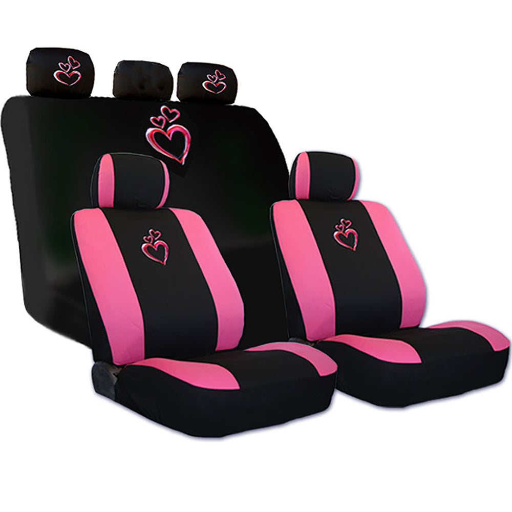 Yupbizauto New Large Embroidery Pink Heart Flat Cloth Car Truck Front Rear Seat Covers Set for Women Universal Size - Yupbizauto