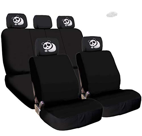 New Black Flat Cloth Universal Fit Car Seat Covers With Embroidery Logo Headrest Covers Support 60/40 Split Seats (Panda) - Yupbizauto