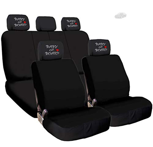 New Black Flat Cloth Universal Fit Car Truck SUV Auto Seat Covers With Embroidery Logo Headrest Covers Support 60/40 Split Seats (Baby on Board) - Yupbizauto
