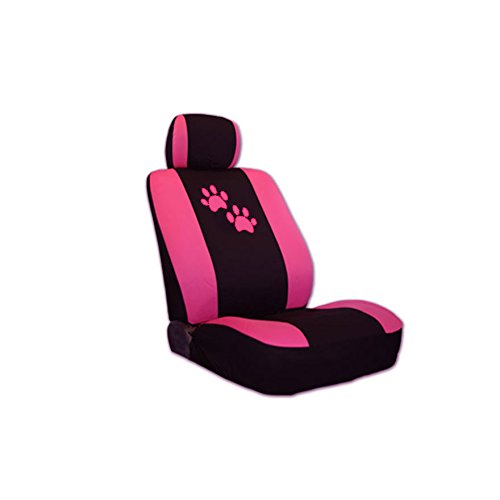 Yupbizauto 2 Tone Black and Pink Polyester Cloth with Pink Paws Logo Front and Rear Car Seat Covers with 4 Black Color Carpet Floor Mats Set Support 50/50, 60/40 Rear Split Seat for Women Universal Size - Yupbizauto