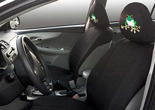New Black Flat Cloth Universal Fit Car Seat Covers With Embroidery Logo Headrest Covers Support 60/40 Split Seats (Frog) - Yupbizauto