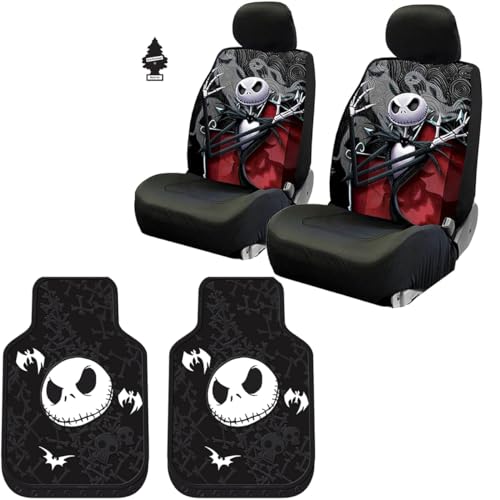 Plasticolor Nightmare Before Christmas Jack Skellington Ghostly Car Truck SUV Seat Covers Heavy Duty Rubber Floor Mats Bundle Set - Yupbizauto