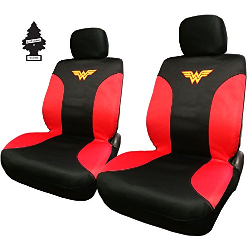Pair of New DC Comic Wonder Woman Sideless Neoprene Waterproof Car Seat Covers with Air Freshener - Yupbizauto