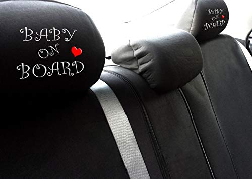 New Black Flat Cloth Universal Fit Car Truck SUV Auto Seat Covers With Embroidery Logo Headrest Covers Support 60/40 Split Seats (Baby on Board) - Yupbizauto