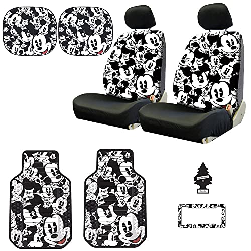 Yupbizauto New 12 PCS Design Disney Mickey Mouse Design Low Back Sideless Car Seat Covers Spring Shades Floor Mats Lanyard Accessories Set with Air Freshener - Yupbizauto