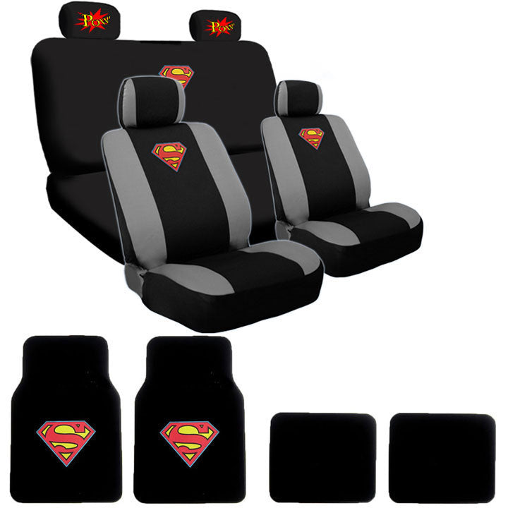Ultimate Superman Car Seat Covers and Carpet Floor Mats from BDK Bundled with Classic POW Logo Headrest Covers Gift Set Shipping Included - Yupbizauto
