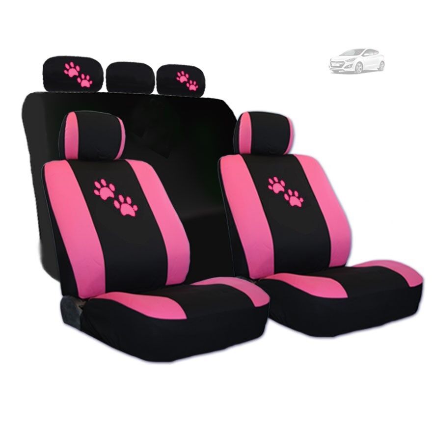 YupbizAuto 2 Tone Black and Pink with Pink Paws Logo Front and Rear Fabric Car Seat Covers Support 50/50, 60/40 Rear Split Seat for Women Universal Size - Yupbizauto