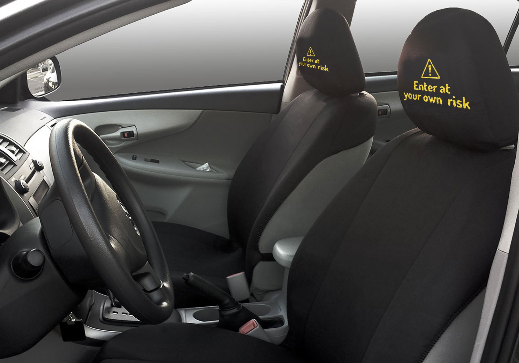 Enter at your own risk design headrest covers installed image