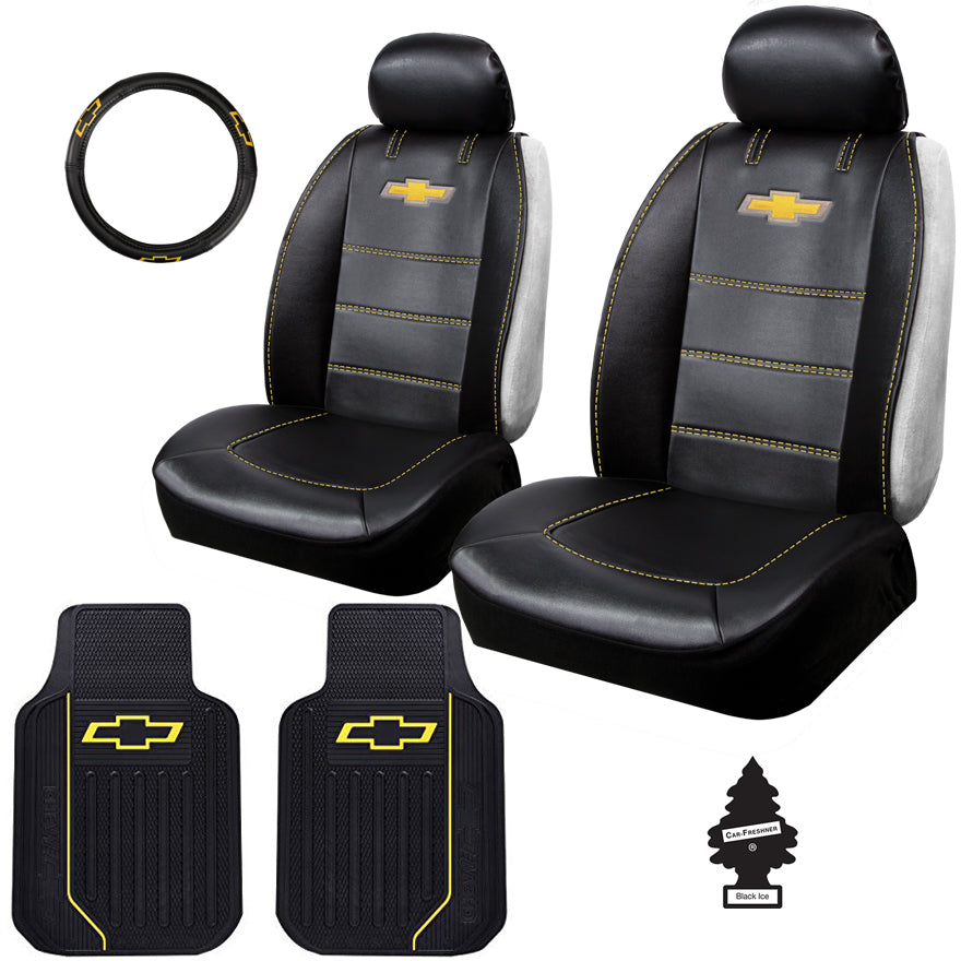 Pair of Plasticolor Premium 3 Piece Sideless Car Truck or SUV Seat Cover with Chevrolet Logo, Floor Mats and Steering  Wheel Cover Set Compatible with Chevrolet - Yupbizauto