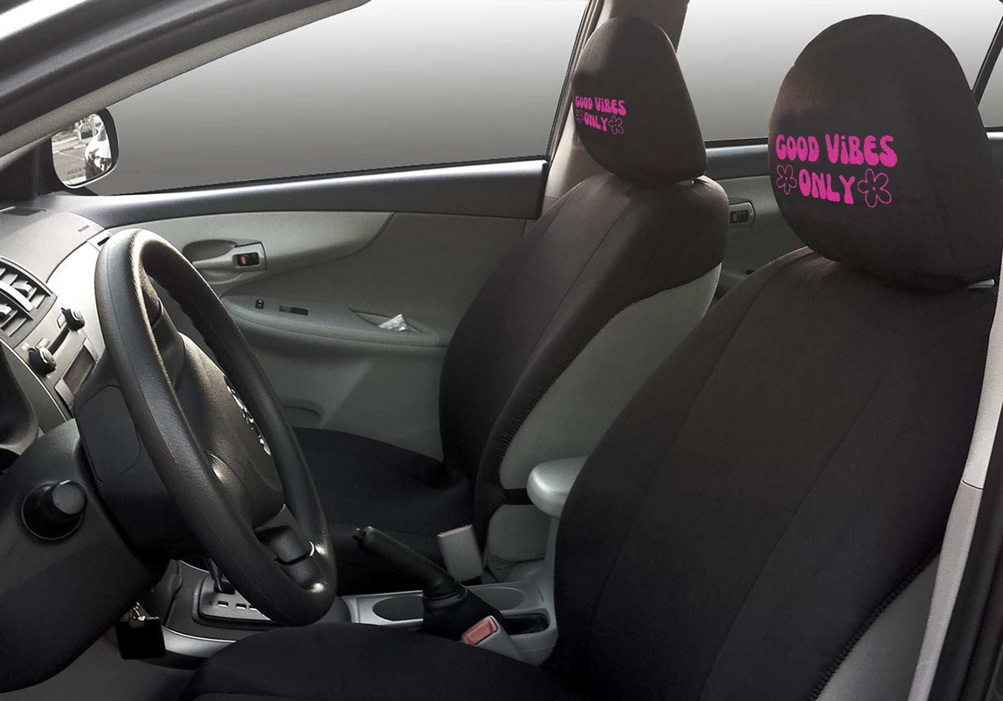 Good Vides Only headrest cover installed image