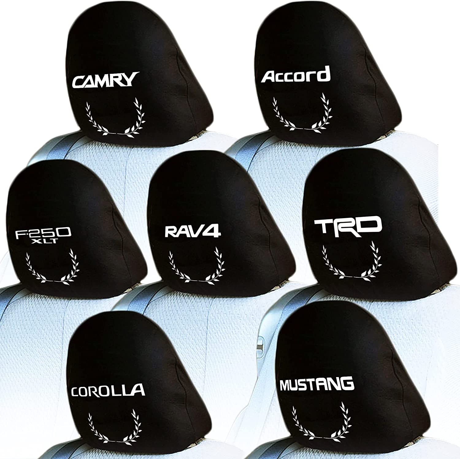 Custom embroidered car headrest cover with initials and logo
